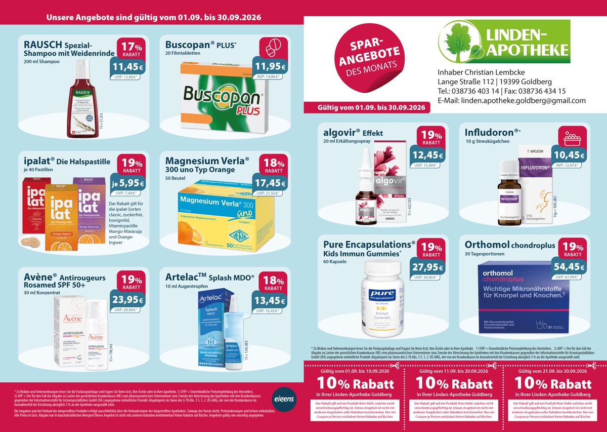Monatsangebote der Linden-Apotheke Monatlicher Angebotsflyer der Apotheke mit Informationen zu Öffnungszeiten, Leistungen, Aktionen und wechselnden Produkten aus Gesundheit und Pflege.